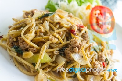 Spaghetti Pasta With Sweet Basil Stock Photo