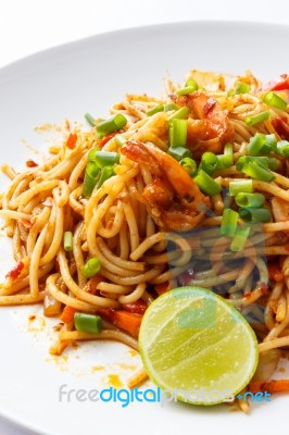 Spaghetti Tom Yum Kung Stock Photo