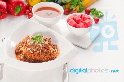 Spaghetti With Bolognese Sauce With Gazpacho Soup And Fresh Vege… Stock Photo