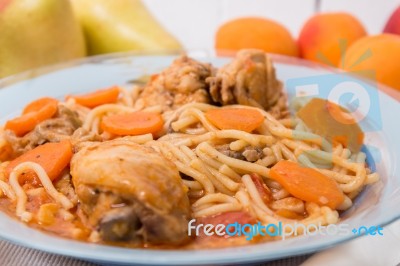 Spaghetti With Chicken And Carrot Stock Photo