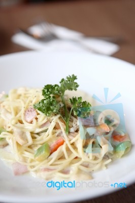 Spaghetti With Mushroom And Ham Stock Photo