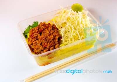 Spaghetti With Sauce / Take Home Food In Plastic Packaging Stock Photo