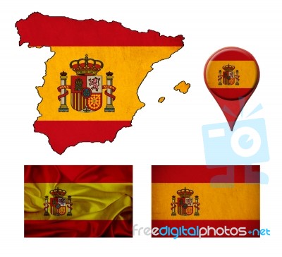 Spain Flag, Map And Map Pointers Stock Image