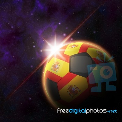 Spain Flag On 3d Football With Rising Sun Stock Image