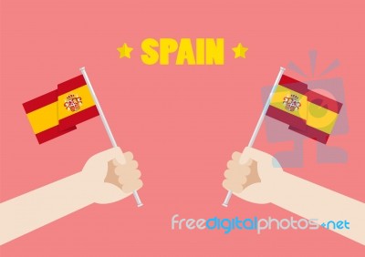 Spain National Day With Hands Holding Up Spain Flags Stock Image