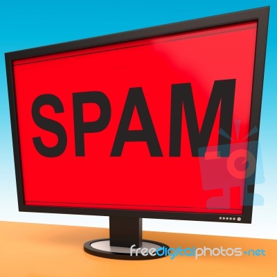 Spam Screen Shows Spamming Unwanted And Malicious Mail Stock Image