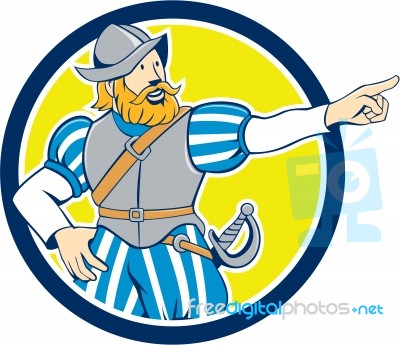 Spanish Conquistador Pointing Cartoon Circle Stock Image