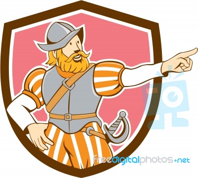 Spanish Conquistador Pointing Cartoon Shield Stock Image