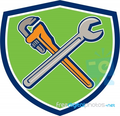 Spanner Monkey Wrench Crossed Crest Cartoon Stock Image