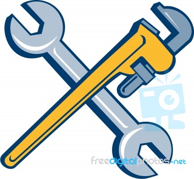 Spanner Monkey Wrench Crossed Isolated Cartoon Stock Image