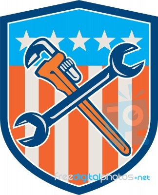 Spanner Monkey Wrench Crossed Usa Flag Shield Stock Image