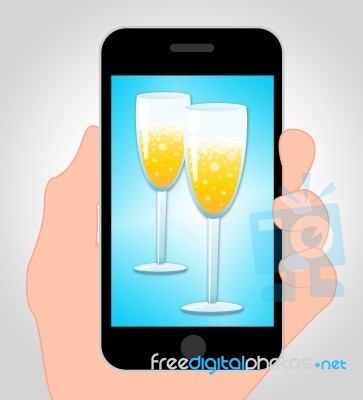 Sparkling Wine Online Means Mobile Phone Party Celebration Stock Image