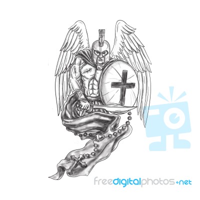 Spartan Warrior Angel Shield Rosary Tattoo Stock Image