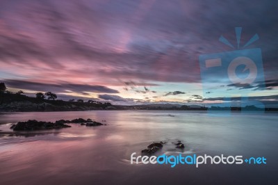 Spectacular Sunset On The Beach Of Arnao, Asturias, Spain, Stock Photo