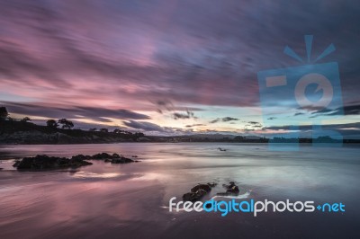 Spectacular Sunset On The Beach Of Arnao, Asturias, Spain, Stock Photo