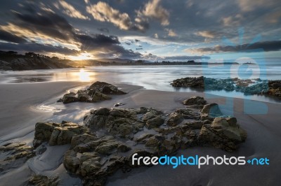 Spectacular Sunset On The Beach Of Arnao, Asturias, Spain, Stock Photo