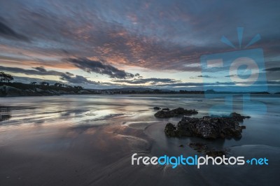 Spectacular Sunset On The Beach Of Arnao, Asturias, Spain, Stock Photo