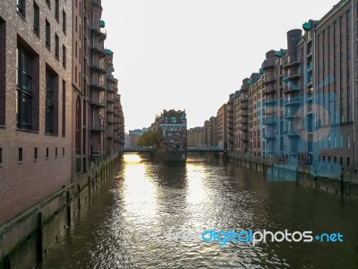 Speicherstadt Warehouse District Of Hamburg In Evening Stock Photo