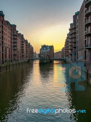 Speicherstadt Warehouse District Of Hamburg In Evening Stock Photo