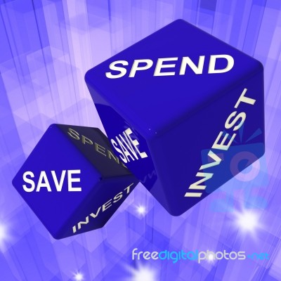 Spend, Save, Invest Dice Background Shows Finances And Debts Stock Image