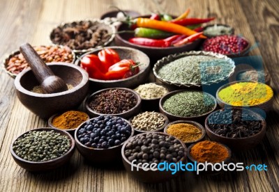 Spice Still Life, Wooden Bowl Stock Photo