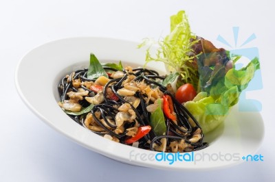 Spicy Black Pasta With Clams Stock Photo