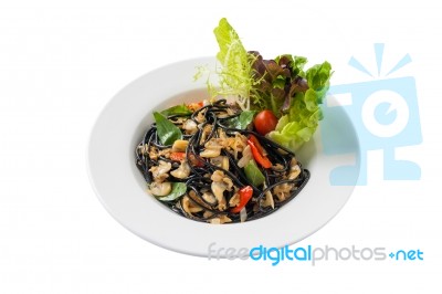 Spicy Black Pasta With Clams Stock Photo