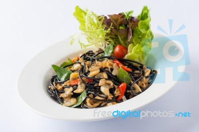 Spicy Black Pasta With Clams Stock Photo