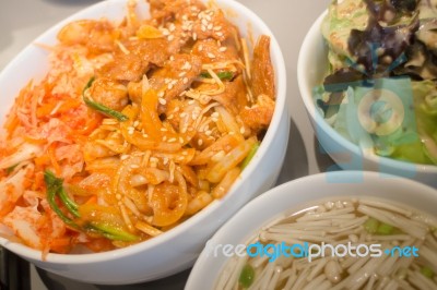 Spicy Korean Styled Pork With Rice Stock Photo