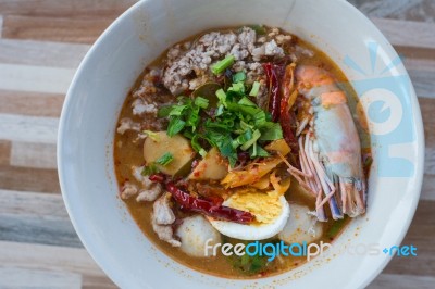 Spicy Prawn Soup With Egg Or Tom Yum Goong,thai Style Stock Photo