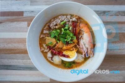 Spicy Prawn Soup With Egg Or Tom Yum Goong,thai Style Stock Photo