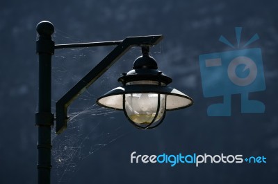 Spiders Web Attached To A Lamppost In Hallstatt Stock Photo