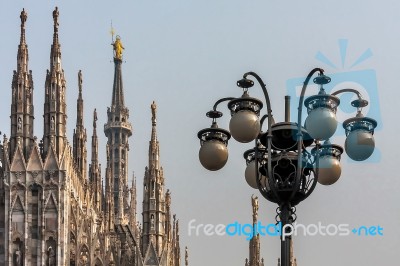 Spires Of The Duomo Cathedral And Street Lamps In Milan Stock Photo