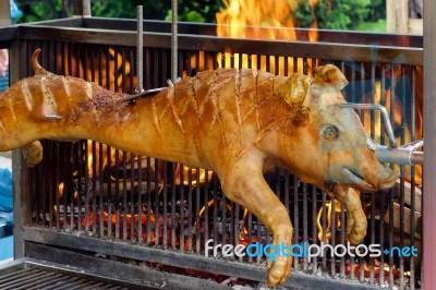 Spit Roasted Suckling Pig On A Market Stall In Bergamo Stock Photo