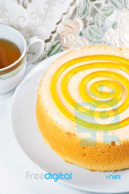 Sponge Cake With Tea Stock Photo