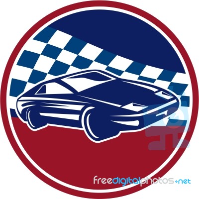 Sports Car Racing Chequered Flag Circle Retro Stock Image