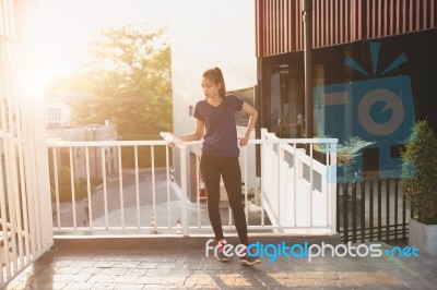 Sports Women Relax Time And Drinking Water Stock Photo