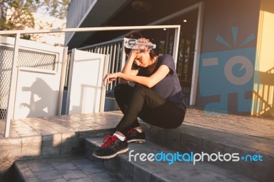 Sports Women Relax Time And Drinking Water Stock Photo