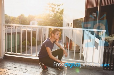 Sports Women Relax Time And Drinking Water Stock Photo