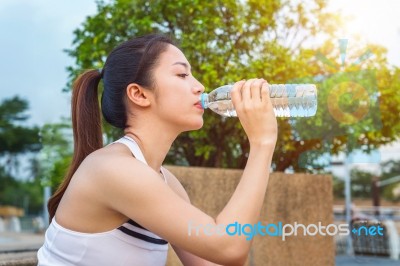 Sporty Young Woman Drinking Water After Jogging Stock Photo