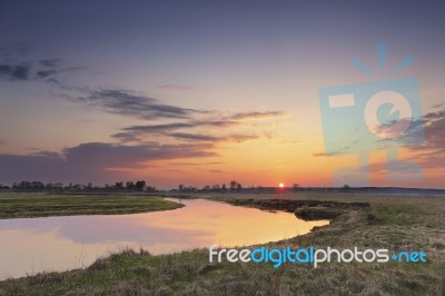 Spring Countryside Sunset Over The River Stock Photo