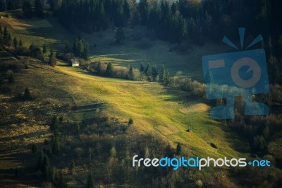 Spring Green Hillsides. Sunny April In Mountains Stock Photo