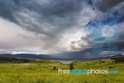 Spring Rain And Storm In Mountains. Green Spring Hills Of Slovak… Stock Photo