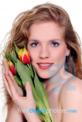 Spring Woman Tulips Stock Photo