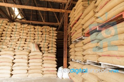 Stack Hemp Sacks Of Rice Stock Photo