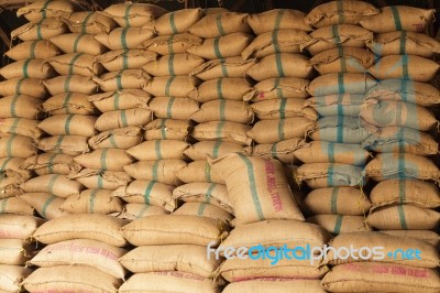 Stack Hemp Sacks Of Rice Stock Photo