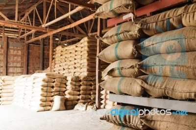 Stack Hemp Sacks Of Rice Stock Photo