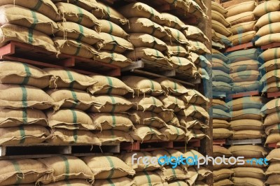 Stack Hemp Sacks Of Rice Stock Photo