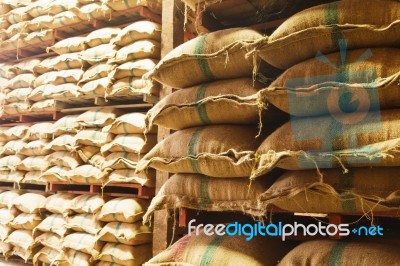 Stack Hemp Sacks Of Rice Stock Photo