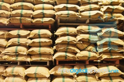 Stack Hemp Sacks Of Rice Stock Photo